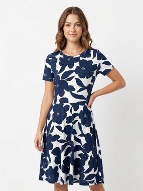 HUHOT Navy & White Floral Fit & Flare Dress - Size L spring summer new